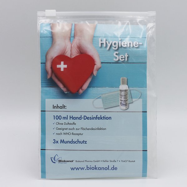 Hygiene-Set zur Desinfektion (100 ml Hand-Desinfektion + 3x Mundschutz)