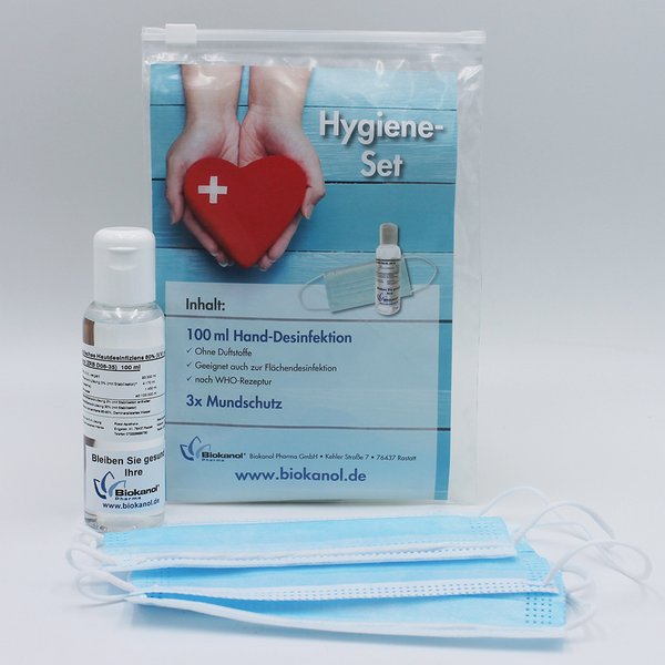 Hygiene-Set zur Desinfektion (100 ml Hand-Desinfektion + 3x Mundschutz)