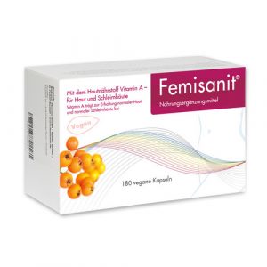 Femisanit Nahrungsergänzungsmittel mit 180 veganen Kapseln.