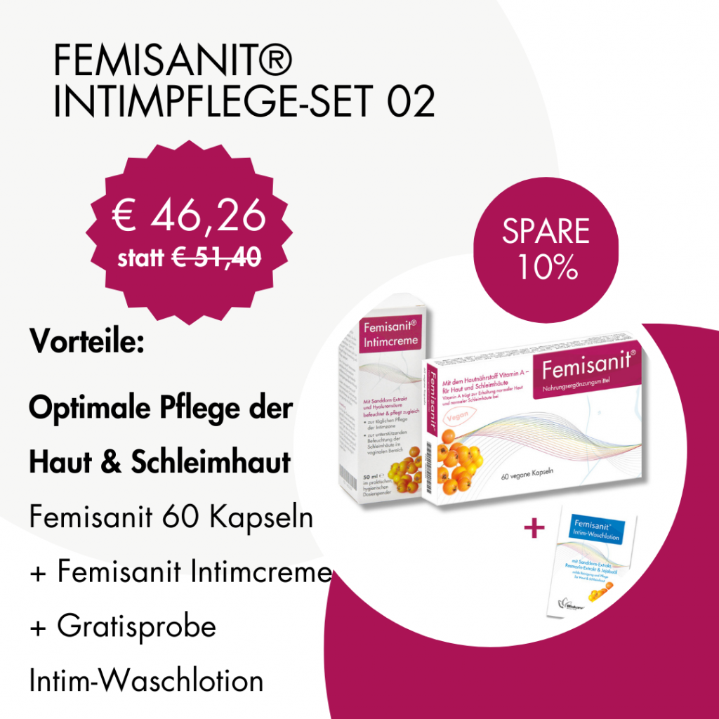 Femisanit Set mit Nahrungsergänzungskapseln und Intimcreme für 46,26 € statt 51,40 € – 10 % sparen und Gratisproben der Intim-Waschlotion erhalten – kombinierte Pflege für das weibliche Wohlbefinden.