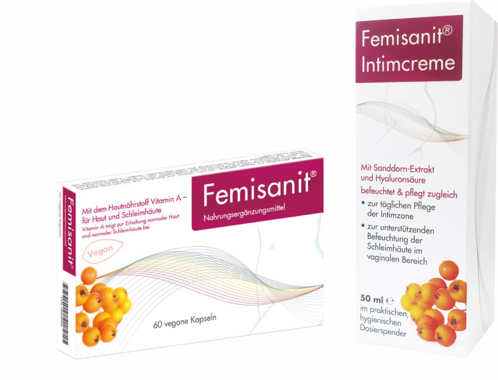 Femisanit Nahrungsergänzungskapseln und Intimcreme – kombinierte Pflege für das weibliche Wohlbefinden.