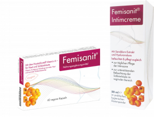 Femisanit Nahrungsergänzungskapseln und Intimcreme – kombinierte Pflege für das weibliche Wohlbefinden.